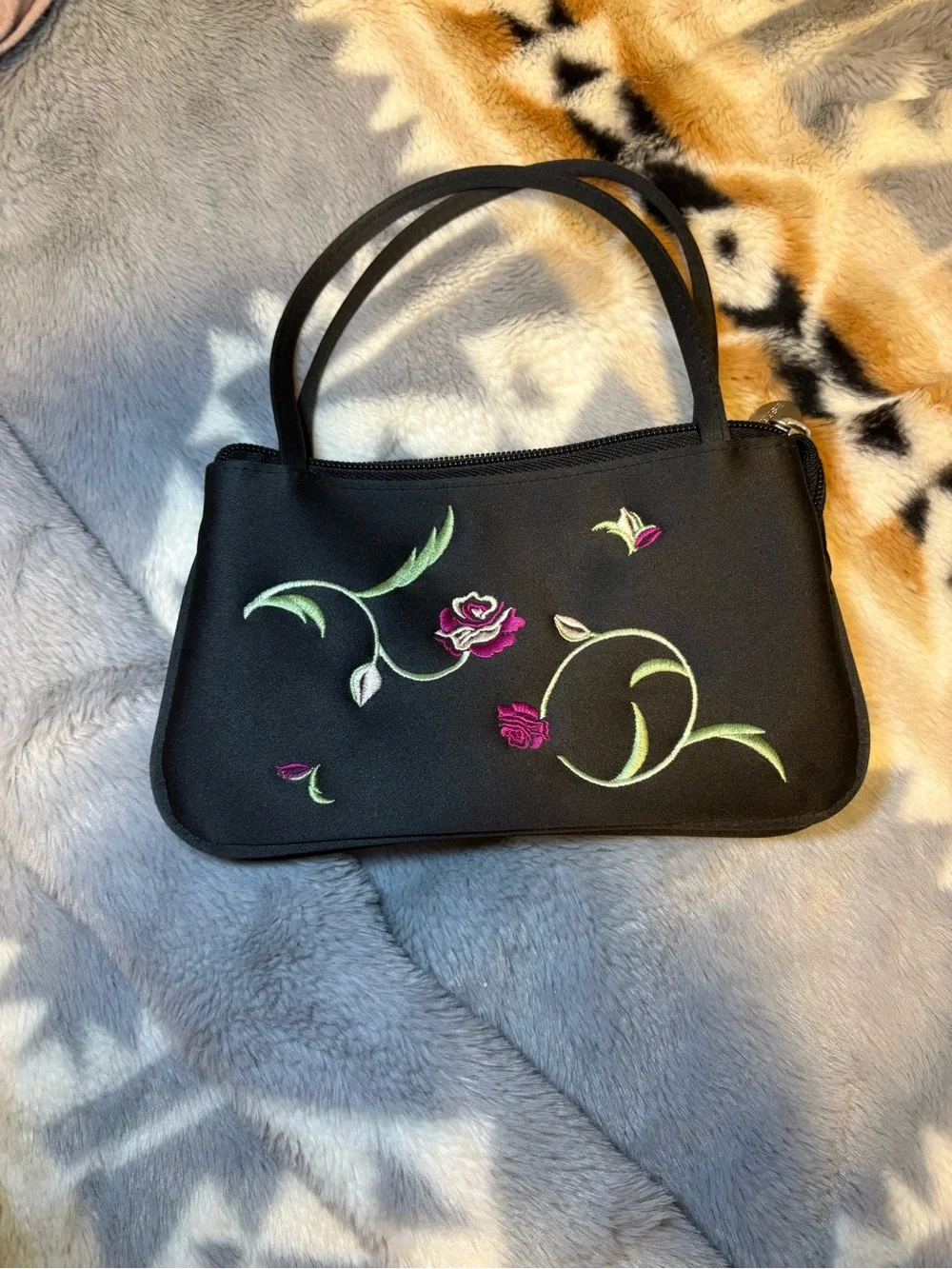 Esprit Black Clutch with Pink Rose Embroidery